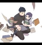  2boys ace_attorney aged_down armband barok_van_zieks black_hair black_jacket black_pants black_socks book book_stack buttons closed_mouth full_body holding holding_book jacket letterboxed long_sleeves looking_away male_focus multiple_boys officinale_t open_book pants purple_hair ryunosuke_naruhodo shirt short_hair simple_background sitting socks sweatdrop the_great_ace_attorney white_background 