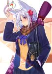  animal_ears bangs blazer blurry blurry_background bow bowtie cardigan carrying_bag flower fox_ears fox_girl hair_flower hair_ornament hand_grip hand_in_pocket holding jacket kurukuru_(p!) nakigitsune_(tenka_hyakken) open_clothes open_jacket parted_bangs pleated_skirt scarf school_uniform short_hair skirt standing tenka_hyakken thought_bubble white_hair 