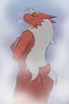  anthro blaziken breasts breath butt eyes_closed feathers female generation_3_pokemon hair hi_res milodesty nintendo nipples pokemon pokemon_(species) rear_view red_body red_feathers shower side_boob solo wet white_hair 