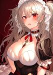  1girl bangs between_breasts blonde_hair blush breasts buckle cleavage collar corset ear_piercing frilled_sleeves frills hisamichi_(hisamichi1373) large_breasts long_hair looking_at_viewer maid maid_headdress neck_garter neck_ribbon original parted_lips piercing pointy_ears red_background red_eyes red_ribbon ribbon short_sleeves simple_background solo strapless two_side_up underbust upper_body very_long_hair 