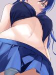  1girl blue_bra blue_hair blue_panties blue_skirt borgbutler bra breasts closed_mouth from_below highres long_hair looking_at_viewer looking_down love_live! medium_breasts panties pleated_skirt skirt solo sonoda_umi underwear upskirt yellow_eyes 