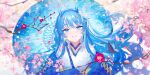  1girl blue_butterfly blue_eyes blue_hair blush bug butterfly cherry_blossoms flower hamaru_log highres horns japanese_clothes kimono looking_at_viewer nengajou new_year oil-paper_umbrella oni original parted_lips red_flower smile solo umbrella upper_body white_kimono 