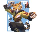  2020 action_pose anthro clothing dreamworks exclamation_point felid female hi_res kung_fu_panda mammal master_tigress orange_eyes pantherine pawpads pose reagan_long simple_background smile solo speech_bubble tiger whiskers 