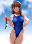  1girl absurdres blue_one-piece_swimsuit blue_sky breasts brown_eyes brown_hair chestnut_mouth cloud commentary_request competition_swimsuit covered_navel goggles goggles_removed hand_on_hip highres holding holding_goggles medium_breasts nanao_futaba one-piece_swimsuit original shadow short_hair sky solo standing swimsuit 