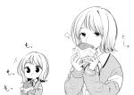  15kasikaze15 1girl absurdres bangs burger buttons cardigan collared_shirt eating food greyscale highres holding holding_food honda_sora lonely_girl_ni_sakaraenai long_sleeves medium_hair monochrome neck_ribbon open_cardigan open_clothes ribbon school_uniform shirt upper_body white_background 