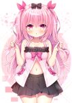  1girl :o animal_ears black_bow black_skirt blush bow breasts cowboy_shot hair_bow hands_in_hair hands_up highres himekuma_ribon huei_nazuki long_hair looking_at_viewer navel pink_bow pink_eyes pink_hair pink_shirt pleated_skirt re:act shirt simple_background skirt small_breasts thigh_gap virtual_youtuber white_background 