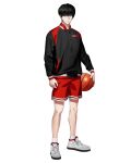  1boy arm_at_side ball bangs basketball black_hair black_jacket closed_mouth full_body grey_background highres himmel_(allsky83) holding holding_ball jacket looking_at_viewer male_focus multicolored_clothes multicolored_jacket multicolored_shorts red_jacket red_shorts rukawa_kaede shoes short_hair shorts simple_background slam_dunk_(series) solo standing 