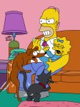  baby blue_bow bottomwear clothing denim denim_clothing female furniture group homer_simpson human jeans maggie_simpson male mammal pants phone santa&#039;s_little_helper sitting snowball_(the_simpsons) sofa the_simpsons young 
