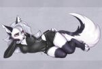  2023 absurd_res anthro arm_support biped black_body black_fur black_nose breasts canid canid_demon cheek_tuft claws clothed clothing demon ear_piercing facial_tuft female fully_clothed fur grey_background hair hand_on_hip hellhound helluva_boss hi_res leaning_on_elbow looking_at_viewer loona_(helluva_boss) lying mammal multicolored_body multicolored_fur notched_ear on_side piercing red_sclera seductive simple_background solo tail tuft two_tone_body two_tone_fur two_tone_tail white_body white_fur white_hair yshanii 