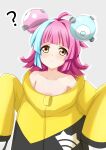  1girl :&lt; ? absurdres ahoge bangs blue_hair blunt_bangs blunt_ends breasts character_request coat collarbone commentary_request cosplay grey_background hair_ornament highres iono_(pokemon) iono_(pokemon)_(cosplay) kinnikku light_blue_hair light_blush long_sleeves looking_at_viewer love_live! love_live!_nijigasaki_high_school_idol_club multicolored_hair naked_coat oversized_clothes pink_hair pokemon pokemon_(game) pokemon_sv short_hair sleeves_past_fingers sleeves_past_wrists small_breasts solo tennouji_rina two-tone_hair wifi_symbol yellow_coat yellow_eyes 