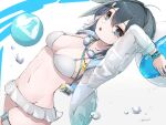  1girl :d arknights arms_up ball beach_umbrella bikini black_hair blue_eyes bracelet breasts bright_pupils cleavage dutch_angle feather_hair frilled_bikini frills goggles goggles_around_neck holding holding_ball id_card infection_monitor_(arknights) jacket jewelry kakakaeru la_pluma_(arknights) la_pluma_(summer_flowers)_(arknights) large_breasts long_sleeves looking_at_viewer navel official_alternate_costume open_clothes open_jacket rhodes_island_logo see-through short_hair simple_background smile solo stomach swimsuit thigh_strap umbrella whistle whistle_around_neck white_background white_bikini white_jacket 