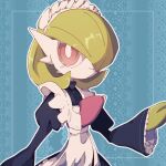  1girl :&gt; apron bangs blue_background blue_dress blush bob_cut border bright_pupils closed_mouth clothed_pokemon collared_dress commentary_request dress flat_chest frilled_apron frilled_sleeves frills gardevoir green_hair hair_over_one_eye hand_up highres juliet_sleeves light_blush long_sleeves looking_to_the_side maid maid_apron maid_headdress one_eye_covered outline outside_border partial_commentary pokemon pokemon_(creature) puffy_sleeves red_eyes shiraha_(siraha_79) short_hair solo standing upper_body white_apron white_outline white_pupils wide_sleeves 