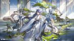  3girls arknights bag bangs black_hair blue_eyes blue_hair bottle braid cantabile_(arknights) cantabile_(illumination_that_of_daylights)_(arknights) china_dress chinese_clothes cup dress drinking_glass food fruit grey_hair hair_ornament highres horns ling_(arknights) ling_(it_does_wash_the_strings)_(arknights) long_hair looking_at_viewer mulberry_(arknights) mulberry_(reflection_that_of_the_moons)_(arknights) multiple_girls official_art peach pointy_ears tree wine_bottle wine_glass 