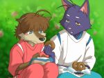  2014 anthro bangs blue_clothing blue_eyes brown_hair canid canine canis clothing colored dessert domestic_cat doughnut duo felid feline felis food fur ghibli hair japanese_text male mammal morenatsu parody pink_clothing pink_nose purple_body purple_fur shin_(morenatsu) shirako shirt shun_(morenatsu) spirited_away text topwear translated white_clothing white_shirt white_topwear wolf yellow_eyes 