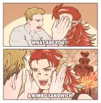  2boys blonde_hair bread bread_slice cake chef chocolate_cake english_text food food_on_face gordon_ramsay granblue_fantasy hell&#039;s_kitchen highres holding holding_food idiot_sandwich_(meme) long_hair looking_at_another male_focus meme multicolored_hair multiple_boys ooedogyuudon open_mouth real_life red_hair shirt short_hair smile two-tone_hair upper_body white_hair white_shirt wilnas_(granblue_fantasy) 