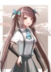  1girl arm_warmers asagumo_(kancolle) ascot blue_ascot brown_hair cowboy_shot grey_eyes hair_ribbon hair_rings hand_on_hip highres kantai_collection kimura_shiki long_hair pleated_skirt revision ribbon shirt skirt solo suspender_skirt suspenders twintails white_shirt 