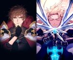  2boys armor bangs black_gloves blonde_hair brown_eyes brown_hair cape closed_eyes closed_mouth conqueror_of_the_eternals gauntlets gloves gran_(granblue_fantasy) granblue_fantasy holding holding_jewelry holding_ring holding_sword holding_weapon jewelry male_focus multiple_boys multiple_swords official_alternate_costume ring seofon_(granblue_fantasy) short_hair smile sword upper_body waldtrad weapon white_cape 
