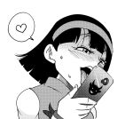  1girl bangs blush cellphone commentary_request dragon_ball dragon_ball_super funsexydb greyscale hairband half-closed_eyes heart holding holding_phone maou_evelogia_ni_mi_wo_sasage_yo monochrome parody phone portrait shaded_face sleeveless smartphone smartphone_case solo spoken_heart sweat videl 