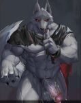  2023 4_fingers abs absurd_res anthro balls bodily_fluids canid canine canis claws cum death_(puss_in_boots) digital_media_(artwork) dreamworks fingers foooooxes fur genital_fluids genitals grey_body grey_fur hi_res looking_at_viewer male mammal muscular muscular_anthro muscular_male nipple_piercing nipples obliques overweight overweight_male pecs penis piercing pubes puss_in_boots_(film) puss_in_boots_the_last_wish red_eyes serratus simple_background solo wolf 