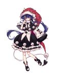  1girl ;3 bangs black_capelet black_dress black_footwear blue_eyes blue_hair boots capelet closed_mouth commentary_request doremy_sweet dress full_body fur_bracelet fur_trim hand_up hat highres long_hair long_sleeves looking_at_viewer nightcap one_eye_closed pom_pom_(clothes) red_headwear ribbon_trim roamu_65 sewing_pin simple_background single_sleeve smile solo tail tapir_tail touhou very_long_hair white_background white_dress 