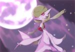  1girl arms_up bangs blurry blurry_background bob_cut colored_skin flat_chest full_moon gardevoir green_hair green_skin hair_between_eyes light_particles looking_at_viewer moon moonblast_(pokemon) multicolored_skin open_mouth outstretched_arms pokemon pokemon_(creature) pokemon_move purple_background red_eyes shiraha_(siraha_79) short_hair solo standing two-tone_skin white_skin 