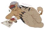  anthro bancholeomon bandai_namco barefoot claws digimon digimon_(species) feet felid foot_focus hair kredri leomon lies lion male mammal nude pantherine paws reading simple_background soles solo toe_claws toes 