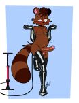 2023 absurd_res air_inflation anthro balls bicycle_pump blush brown_body brown_fur brown_hair canid canine clothed clothing foreskin fur genitals hair hi_res inflation latex lettuce_(artist) looking_pleasured male mammal markings mostly_nude penis raccoon_dog red_eyes ring_(marking) ringtail simple_background solo standing tail tail_markings tanuki 