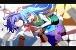  :o apron bag bangs blue_eyes blue_hair blurry blurry_foreground capelet closed_mouth dress english_commentary eyepatch green_apron haniyasushin_keiki highres letterboxed long_hair looking_at_viewer magatama_hair_ornament multicolored_clothes multicolored_hairband open_mouth red_eyes short_hair tenkyuu_chimata touhou white_capelet white_headwear xiebaowang yellow_dress 