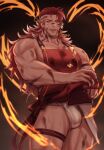  1boy apron bara black_nails fire fundoshi granblue_fantasy highres japanese_clothes large_pectorals long_hair male_focus mitsu_qo multicolored_hair muscular muscular_male official_alternate_costume pectorals red_apron red_hair smile solo sweat thick_thighs thighs twitter_username two-tone_hair white_hair wilnas_(granblue_fantasy) 
