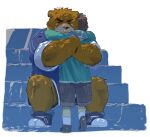  2013 aged_down anthro bear black_bear blue_clothing blue_hoodie blue_jacket blue_topwear bodily_fluids bottomwear brown_body brown_fur brown_hair chisa_sa clothing colored countershade_snout countershading crying duo embrace eyes_closed footwear fur grey_bottomwear grey_clothing grey_shorts hair hiroyuki_(morenatsu) hoodie hug human jacket juuichi_mikazuki male mammal moon_bear morenatsu shoes shorts sitting snout stairs tan_body tan_fur tears topwear ursine 