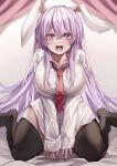  1girl alternate_breast_size animal_ears bangs black_thighhighs blush breasts hair_between_eyes highres large_breasts long_hair long_sleeves looking_at_viewer maboroshi_mochi necktie open_mouth pantyhose pink_hair pink_nails purple_hair rabbit_ears red_eyes red_necktie reisen_udongein_inaba shirt sitting solo thick_thighs thighhighs thighs touhou very_long_hair wariza white_shirt 