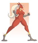  anthro blaziken blonde_hair breasts feathers female fire generation_3_pokemon genitals hair hi_res long_legs milodesty nintendo nipples nude pokemon pokemon_(species) ponytail pose pussy red_body red_feathers simple_background solo talons yellow_body yellow_feathers 