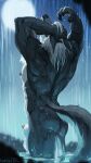  animal_genitalia anthro biped butt canid canine canis fur genitals hair hi_res light lynncore male mammal moonlight night nipples partially_submerged penis penis_tip sheath solo waterfall waterfall_shower wet wet_body wet_fur wet_hair wolf 