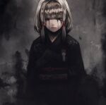  1girl black_kimono closed_mouth fatal_frame fatal_frame_5 gauss_&lt;bokashi hair_ribbon highres japanese_clothes kimono red_eyes red_ribbon ribbon shiragiku_(fatal_frame) short_hair solo tears tress_ribbon upper_body white_hair 