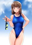  1girl absurdres blue_one-piece_swimsuit blue_sky breasts brown_eyes brown_hair chestnut_mouth cloud commentary_request competition_swimsuit covered_navel goggles goggles_removed hand_on_hip highres holding holding_goggles medium_breasts nanao_futaba one-piece_swimsuit original short_hair sky solo standing swimsuit 