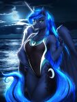 2023 absurd_res anthro beach blue_body blue_fur blue_hair blue_tail breasts clothing cutie_mark equid equine eyebrows eyelashes feathered_wings feathers female friendship_is_magic fur glistening green_eyes hair hand_on_hip hasbro hi_res horn inner_ear_fluff long_hair looking_at_viewer mammal moon my_little_pony mykegreywolf night one-piece_swimsuit outside princess_luna_(mlp) seaside smile solo sparkles sport_swimsuit swimwear tail tuft winged_unicorn wings 
