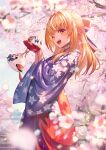  1girl ;d blonde_hair blue_kimono cherry_blossoms commentary elfriend_(shiranui_flare) floral_print highres hololive japanese_clothes kimono looking_at_viewer medium_hair multicolored_hair one_eye_closed open_mouth petals pointy_ears print_kimono red_eyes sakumichi shiranui_flare smile solo streaked_hair symbol-only_commentary teeth upper_teeth_only virtual_youtuber white_hair 