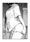  1girl absurdres bathroom border breasts collared_shirt dojirou dress_shirt female_pubic_hair from_side greyscale head_out_of_frame highres indoors medium_breasts monochrome necktie original panties panty_pull pubic_hair pubic_hair_peek shirt short_sleeves solo striped_necktie sweat toilet underwear 