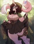  anthro big_breasts bottomwear breasts bunnywhiskerz cleavage clothed clothing clothing_lift eyewear female feral glasses lagomorph leporid mammal rabbit size_difference skirt skirt_lift smaller_feral thick_thighs 