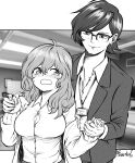 1boy 1girl absurdres bishounen blush borrowed_character breasts bursting_breasts cleavage commentary earrings english_commentary eyebrows_hidden_by_hair greyscale hair_between_eyes hand_grab hetero highres id_card jewelry lanyard large_breasts monochrome off_shoulder office_lady olverse original over-rim_eyewear partially_unbuttoned photo_background ravenhart semi-rimless_eyewear signature suit_jacket sweat wavy_hair 