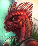  anthro black_body black_scales clothed clothing divinity:_original_sin_2 earhole facial_spikes frill_(anatomy) head_crest head_frill headshot_portrait jaw_spikes lizard_(divinity) looking_aside male outside portrait pupils red_body red_scales reptile scales scalie sinhara sleeveless_shirt slit_pupils solo spikes spikes_(anatomy) teeth the_red_prince yellow_eyes 