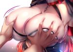  1boy 1girl akeyama_kitsune azur_lane breast_focus breast_grab breasts chain cleavage commentary_request grabbing gradient_background honolulu_(azur_lane) large_breasts long_hair red_hair simple_background 