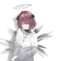  1girl alternate_costume arknights closed_mouth collar detached_wings energy_wings exusiai_(arknights) highres horns looking_at_viewer mebe_(teadia_violet) orange_eyes red_hair robe short_hair simple_background solo upper_body white_background wings 