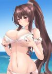  1girl beach bikini breast_conscious breasts brown_hair cherry_blossoms cleavage commentary_request flower hair_flower hair_ornament highres horizon kantai_collection large_breasts long_hair nitamako_(sakamalh) ocean outstretched_arms ponytail solo swimsuit upper_body white_bikini yamato_(kancolle) yamato_kai_ni_(kancolle) 