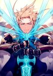  1boy armor blonde_hair blue_eyes cape closed_mouth gauntlets granblue_fantasy highres holding holding_sword holding_weapon male_focus multiple_swords seofon_(granblue_fantasy) short_hair smile solo sword upper_body waldtrad weapon white_cape 