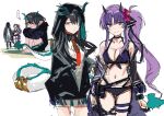  ... 1other 2girls absurdres alternate_costume arknights bare_shoulders barefoot bikini black_bikini black_coat black_hair black_jacket blush blush_stickers bracelet breasts cleavage closed_mouth coat collarbone doctor_(arknights) dragon_girl dragon_horns dragon_tail dusk_(arknights) earrings expressionless flower food fruit green_hair hair_over_one_eye hibiscus hibiscus_(arknights) hibiscus_the_purifier_(arknights) highres hood hood_up hooded_jacket horns hugging_own_legs infection_monitor_(arknights) jacket jewelry large_breasts long_hair long_sleeves looking_at_viewer mask multicolored_hair multiple_girls name_connection navel necktie object_namesake open_clothes open_coat open_jacket pointy_ears pout purple_eyes purple_hair red_eyes red_necktie side_ponytail sitting sketch speech_bubble spoken_ellipsis streaked_hair swimsuit tail tail_ornament tail_ring thigh_gap thigh_strap two-tone_hair very_long_hair watermelon yomosaka 
