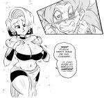  1boy 1girl absurdres breasts bulma chi-chi_(dragon_ball) choker commentary dragon_ball dragon_ball_gt drooling earrings english_commentary english_text funsexydb fusion gogeta grin heart heart-shaped_pupils highres jewelry large_breasts mature_female metamoran_vest multicolored_hair navel off_shoulder short_shorts shorts smile sparkle super_saiyan super_saiyan_4 symbol-shaped_pupils two-tone_hair 