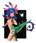 1girl :o bangs black_background blue_hair breasts bug butterfly colored_skin completely_nude cropped_legs flower freckles glowing_butterfly green_skin hair_flower hair_ornament javehorny league_of_legends looking_back medium_hair multicolored_skin navel neeko_(league_of_legends) nude open_mouth orange_eyes pink_flower purple_skin small_breasts solo swept_bangs tail white_background 
