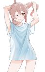  1girl ahoge arm_behind_head armpits arms_up ass_visible_through_thighs bangs bare_arms blue_shirt brown_eyes collarbone commentary cowboy_shot hair_between_eyes hair_tie_in_mouth highres long_sleeves looking_away looking_to_the_side mouth_hold naka1379 no_pants one_eye_closed onii-chan_wa_oshimai! oversized_clothes oyama_mahiro pink_hair ponytail see-through_silhouette shirt short_sleeves simple_background solo t-shirt tying_hair white_background 