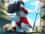  2023 anthro armor artist_name black_hair bodypaint butt canid canine canis castle clothing cloud crate digital_media_(artwork) face_paint fantasy fur guard hair hi_res ladnelsiya mammal melee_weapon micro red_clothing size_difference sky thick_thighs weapon white_body white_fur wide_hips wolf 